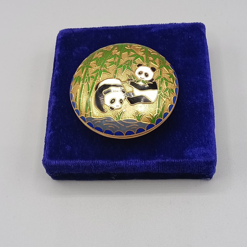 Gold tone and enamel panda bear trinket box